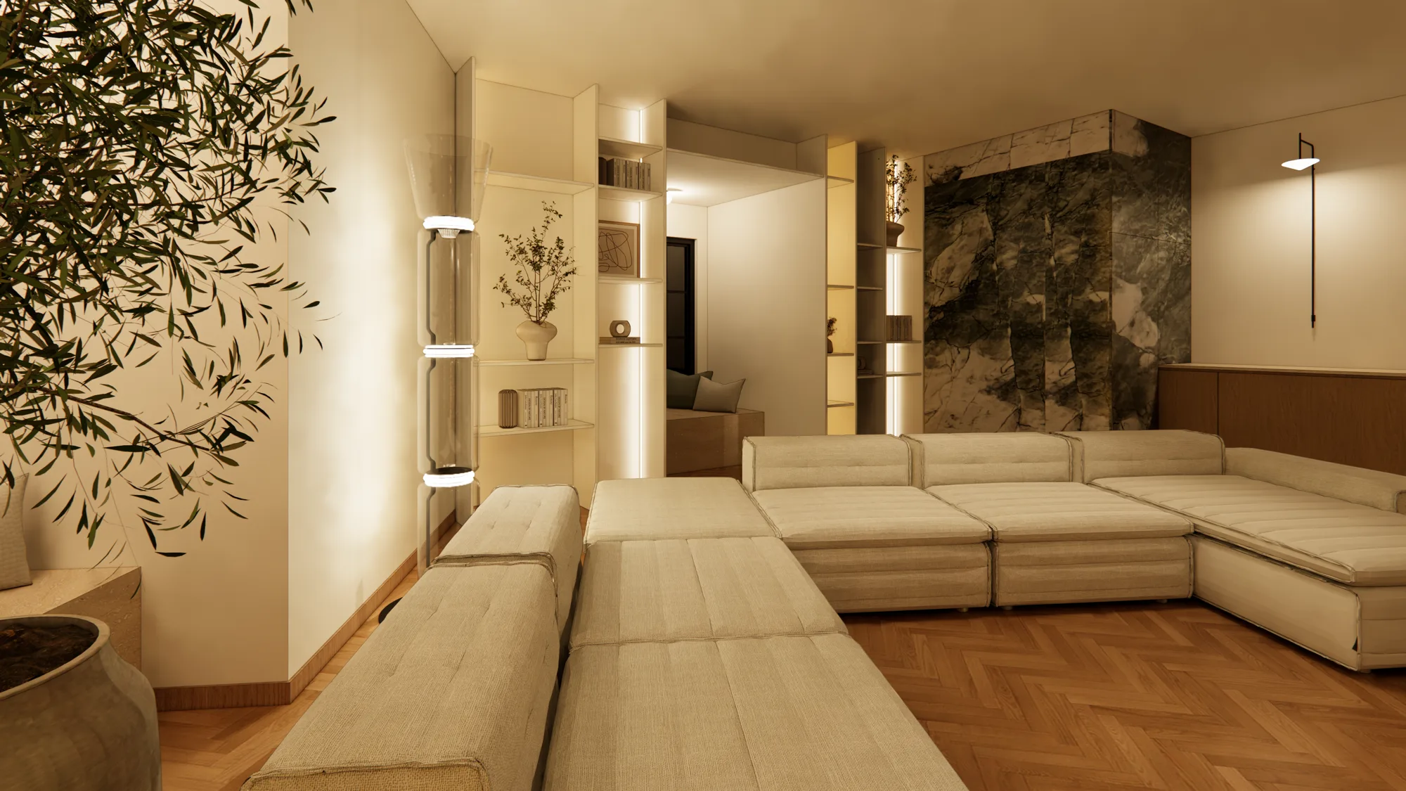 Upper-level lounge with stone feature wall