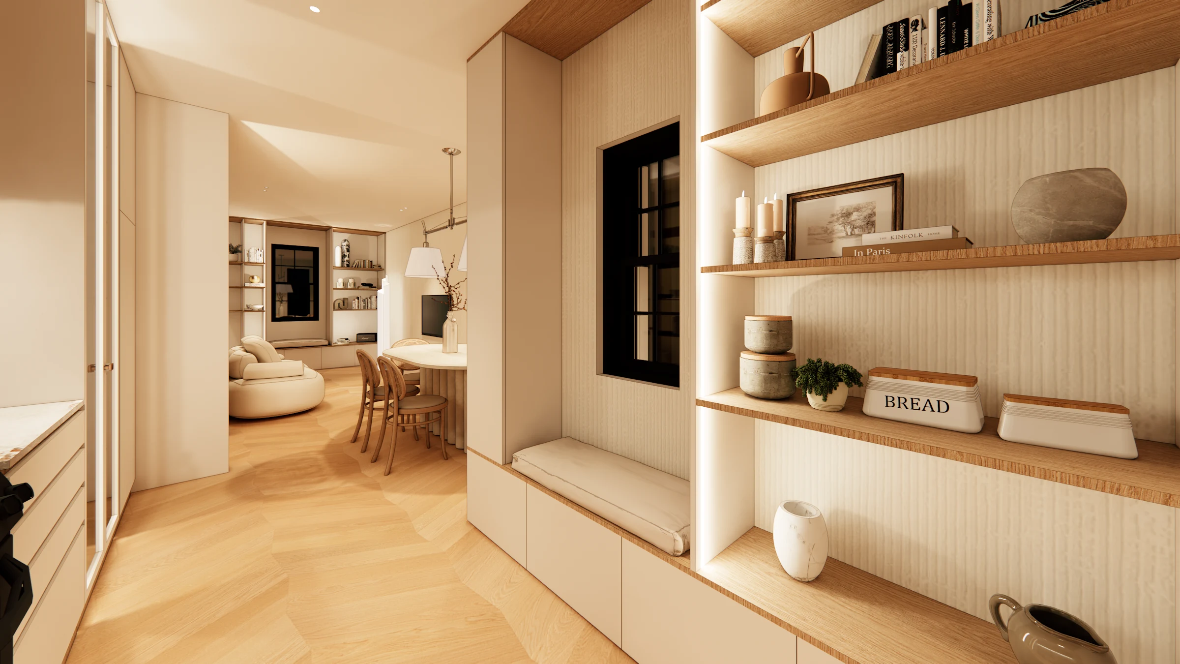 Oak shelving and herringbone floors framing the main-floor gallery at Casa Rena, 1338 28th Street NW