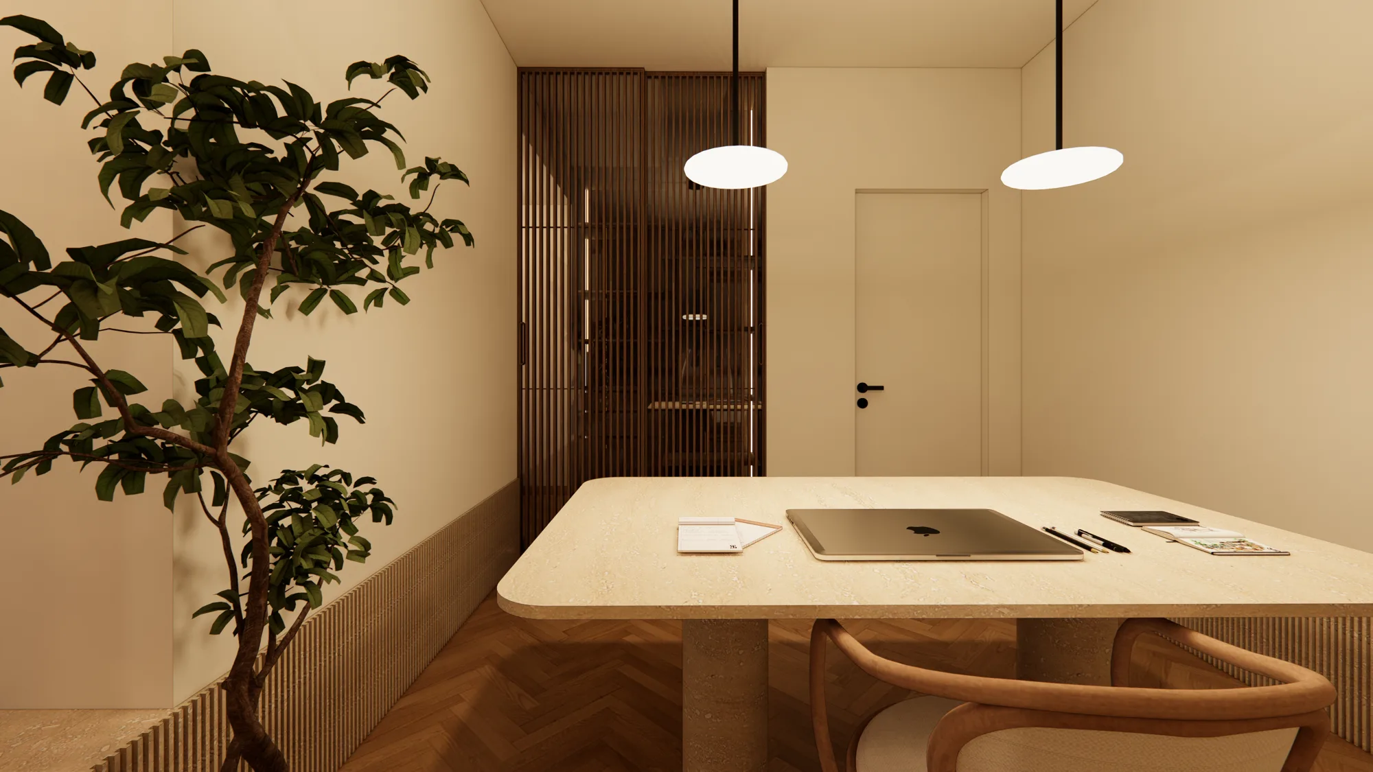 Quiet study with oak desk and pendant lighting