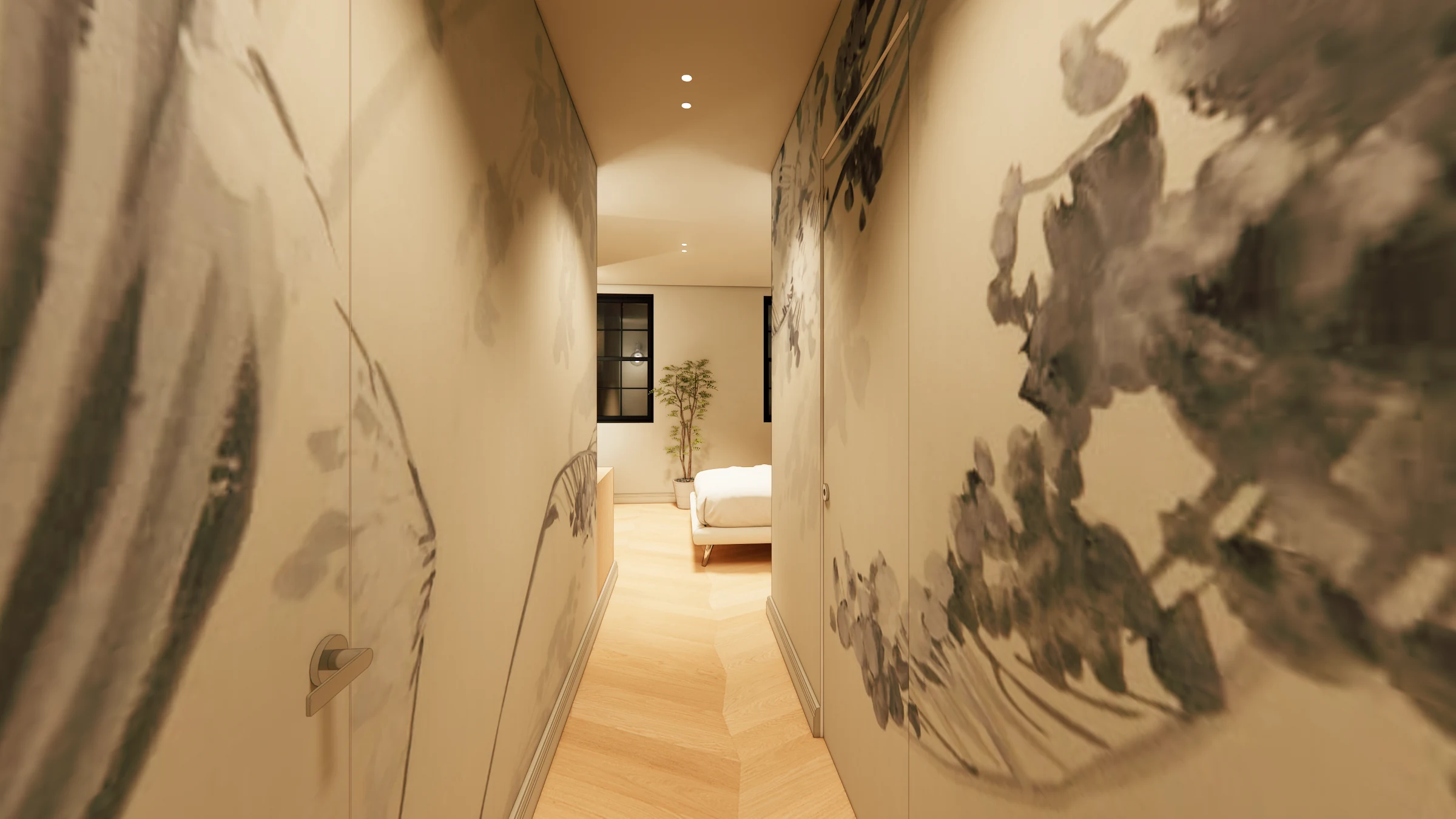 Botanical wallcovering framing the upper-floor passage at Casa Rena, 1338 28th Street NW