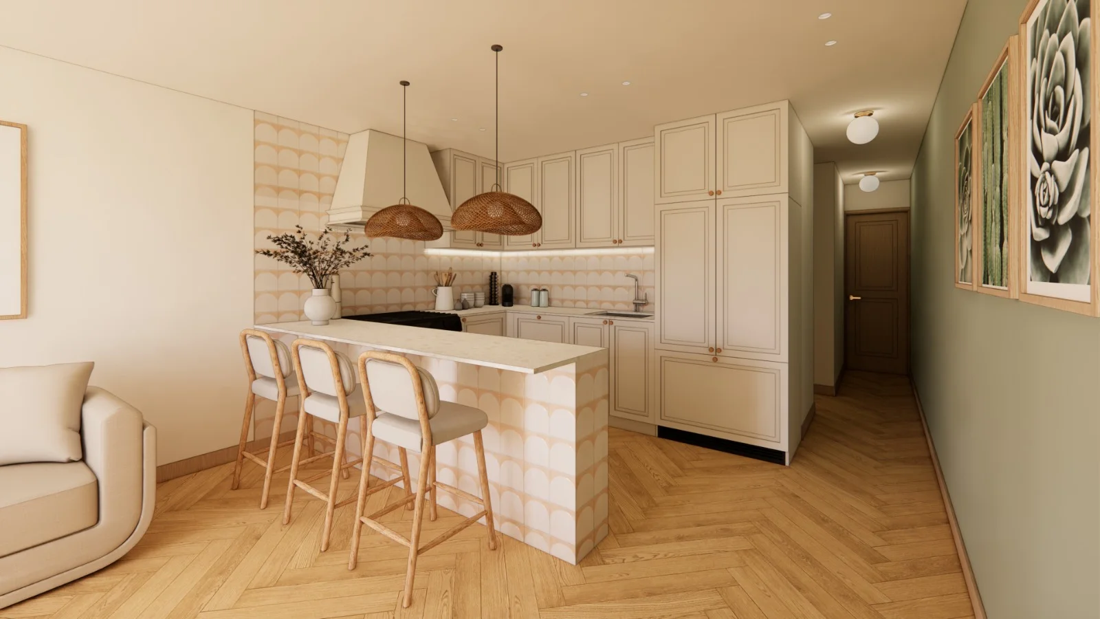Kitchen with rattan pendants and breakfast bar at the Brigantine beachside condo