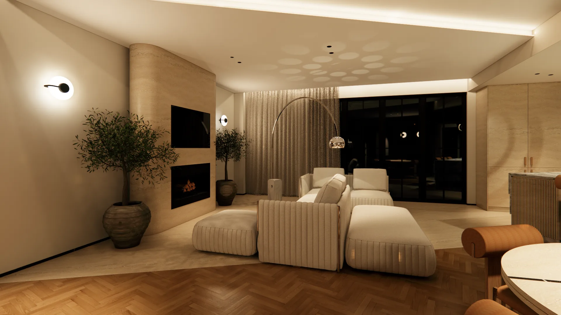 Living room in warm evening light with herringbone oak floors