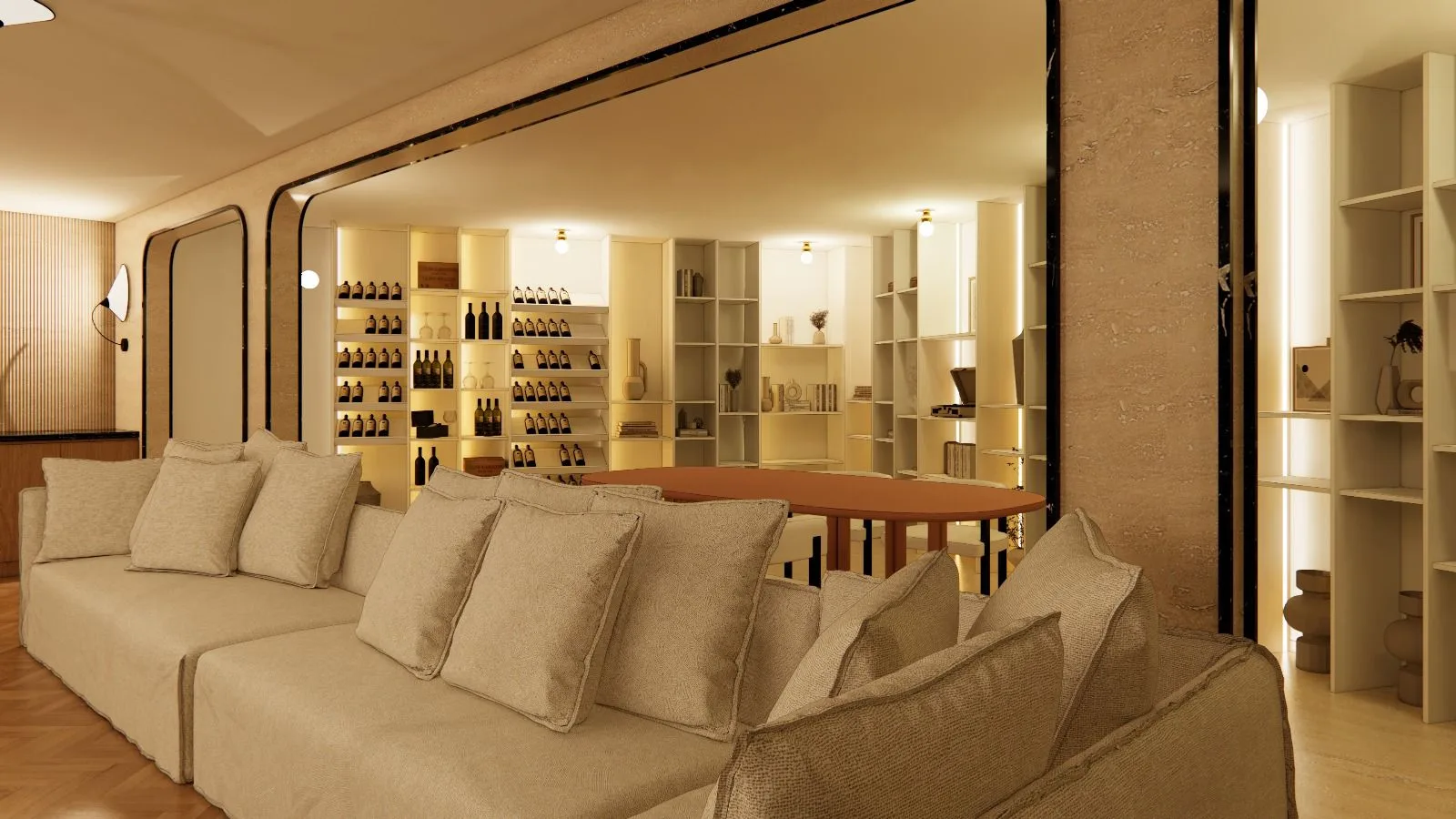 Lower-level lounge opening to the wine gallery