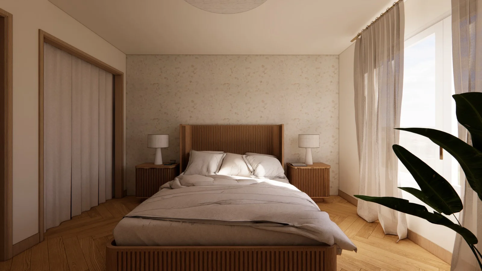 Bedroom with oak bed and linen drapery at the Brigantine beachside condo