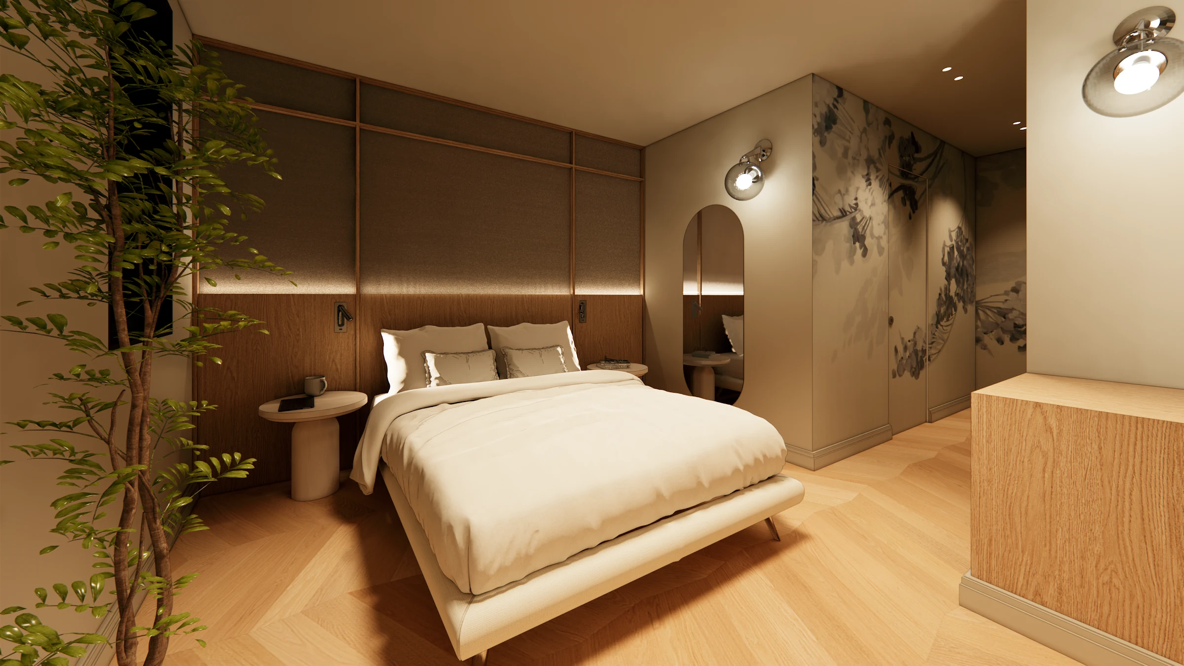 Guest bedroom with oak joinery and softly illuminated botanical walls at Casa Rena, 1338 28th Street NW