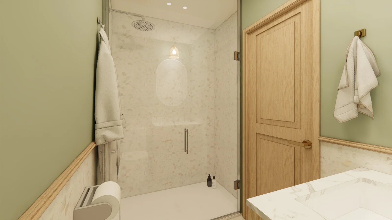 Glass shower with stone tile at the Brigantine beachside condo