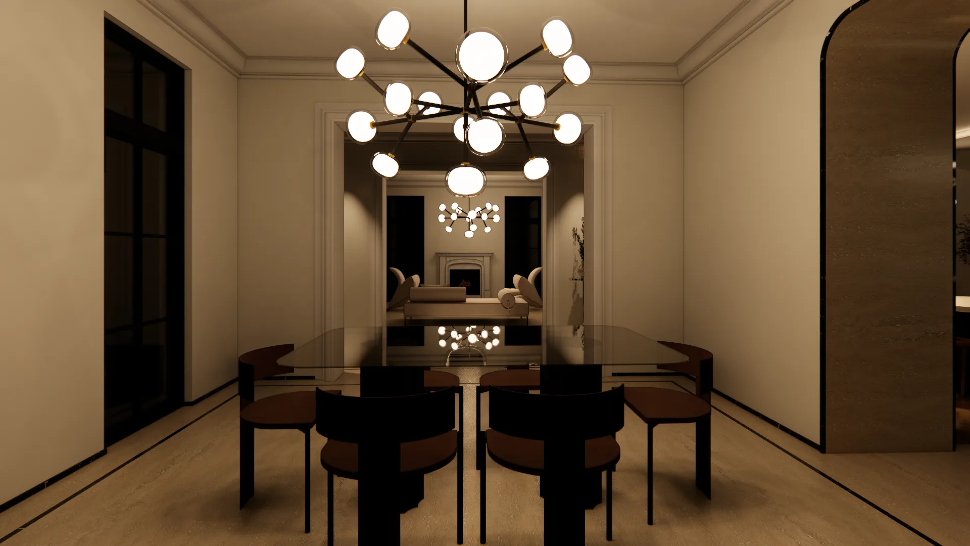 Formal dining room beneath a sculptural chandelier