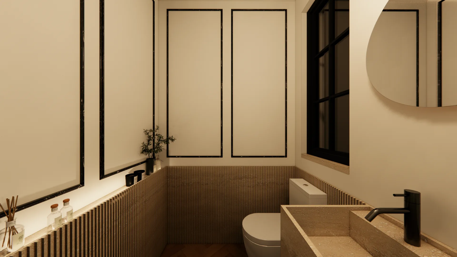 Powder room with stone basin and paneled walls