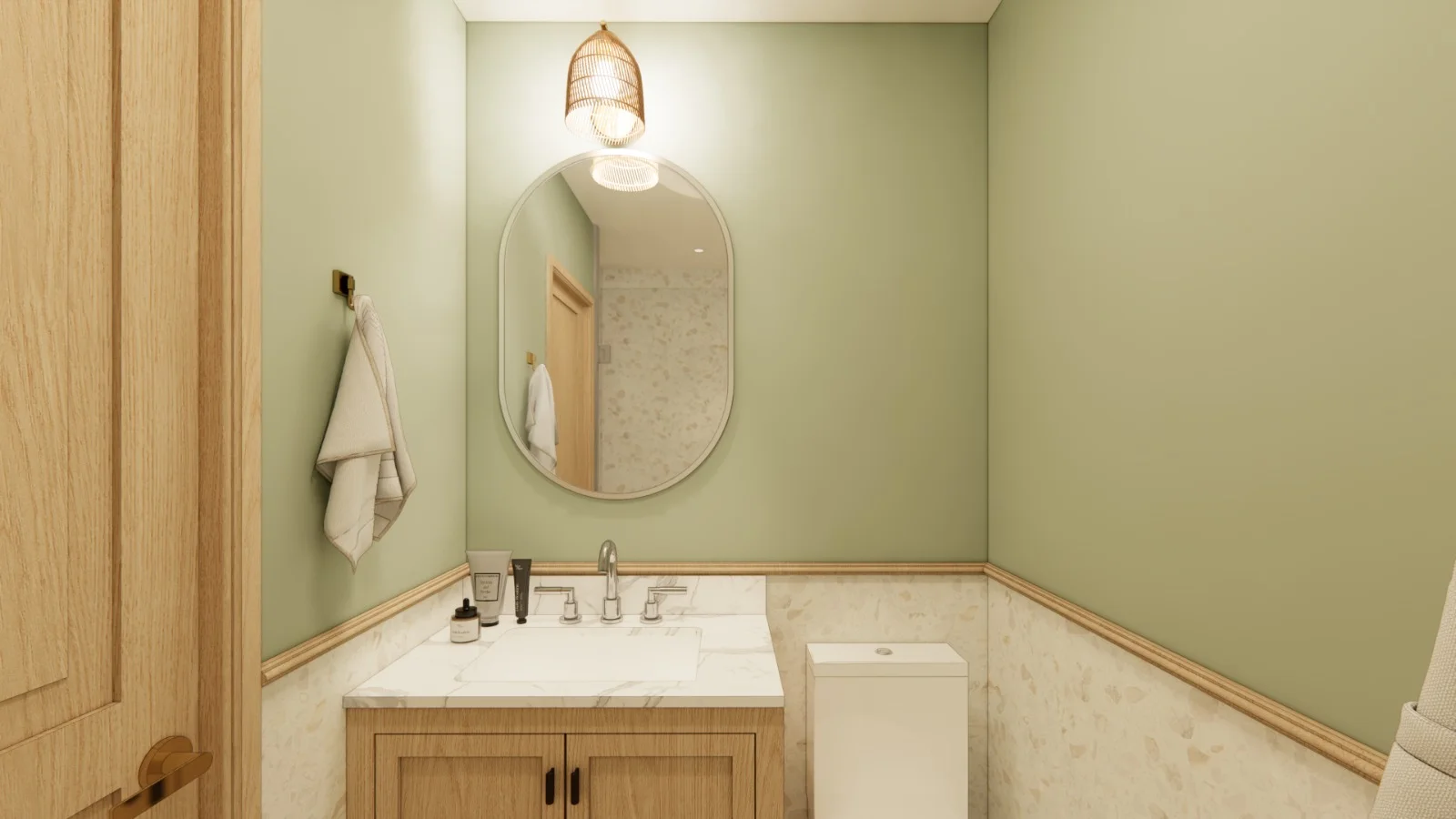Sage-green bath with oak vanity at the Brigantine beachside condo