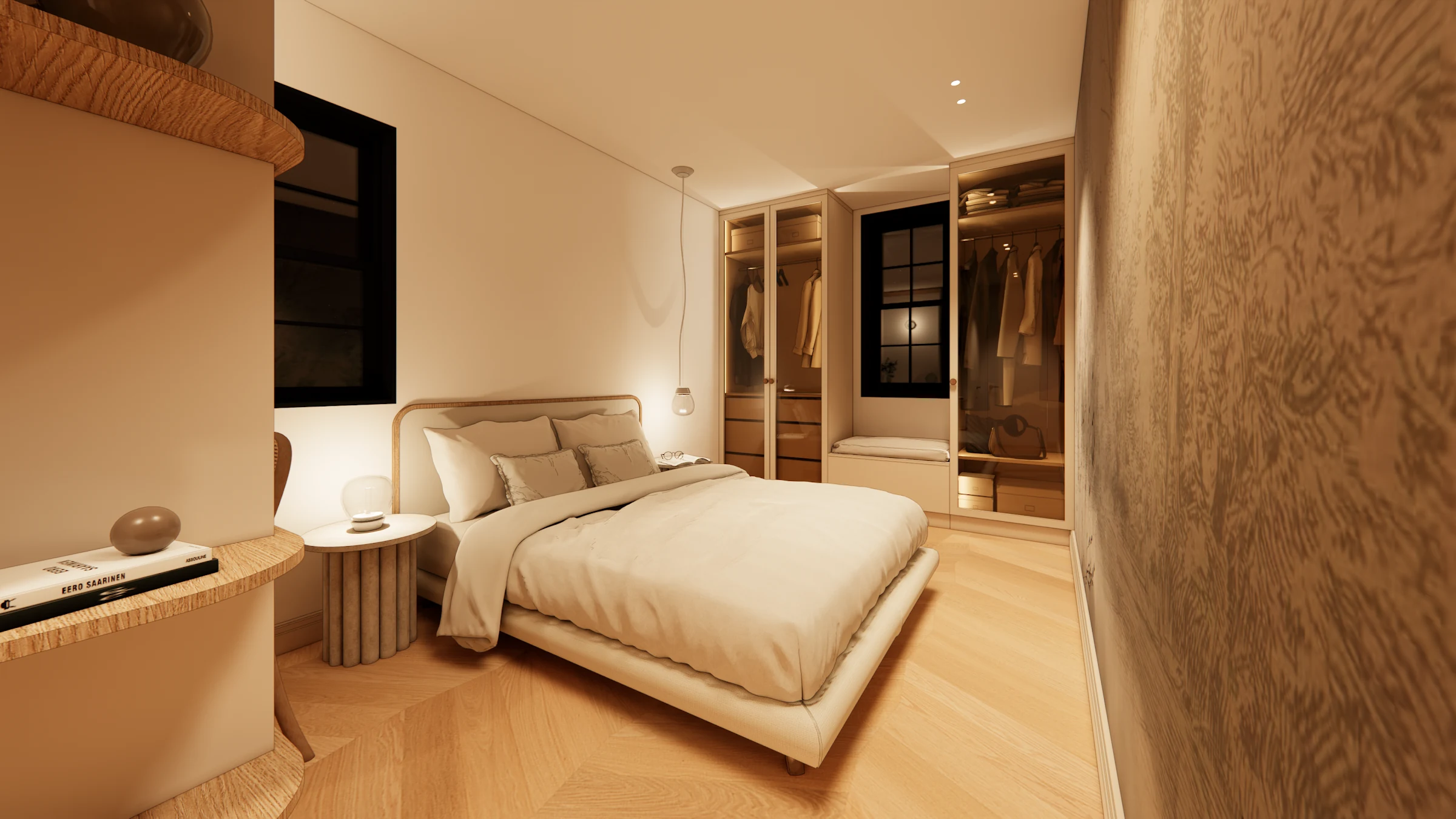 Primary bedroom with textured feature wall and custom oak joinery at Casa Rena, 1338 28th Street NW
