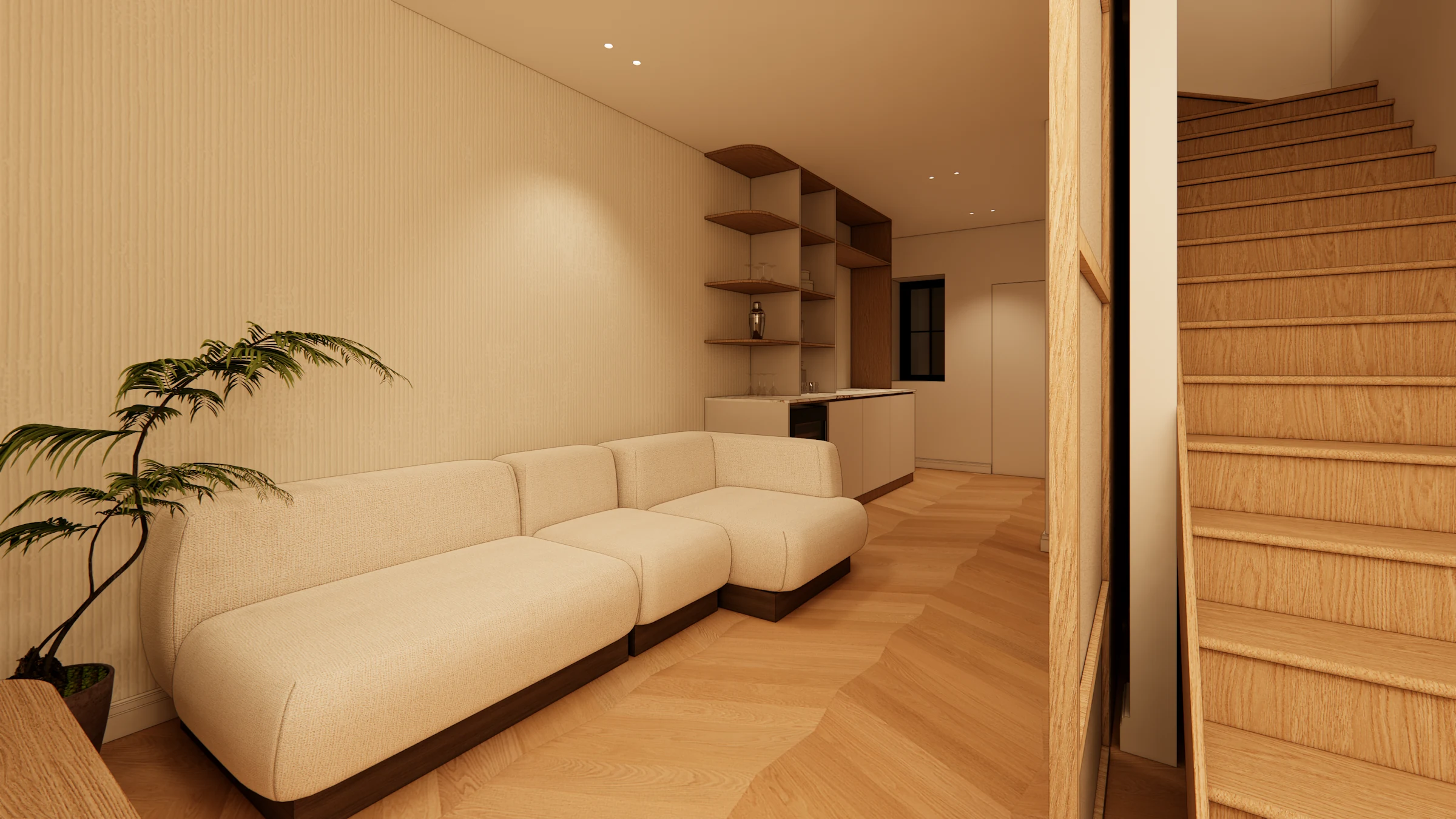 Lower-level lounge with custom shelving and oak staircase at Casa Rena, 1338 28th Street NW