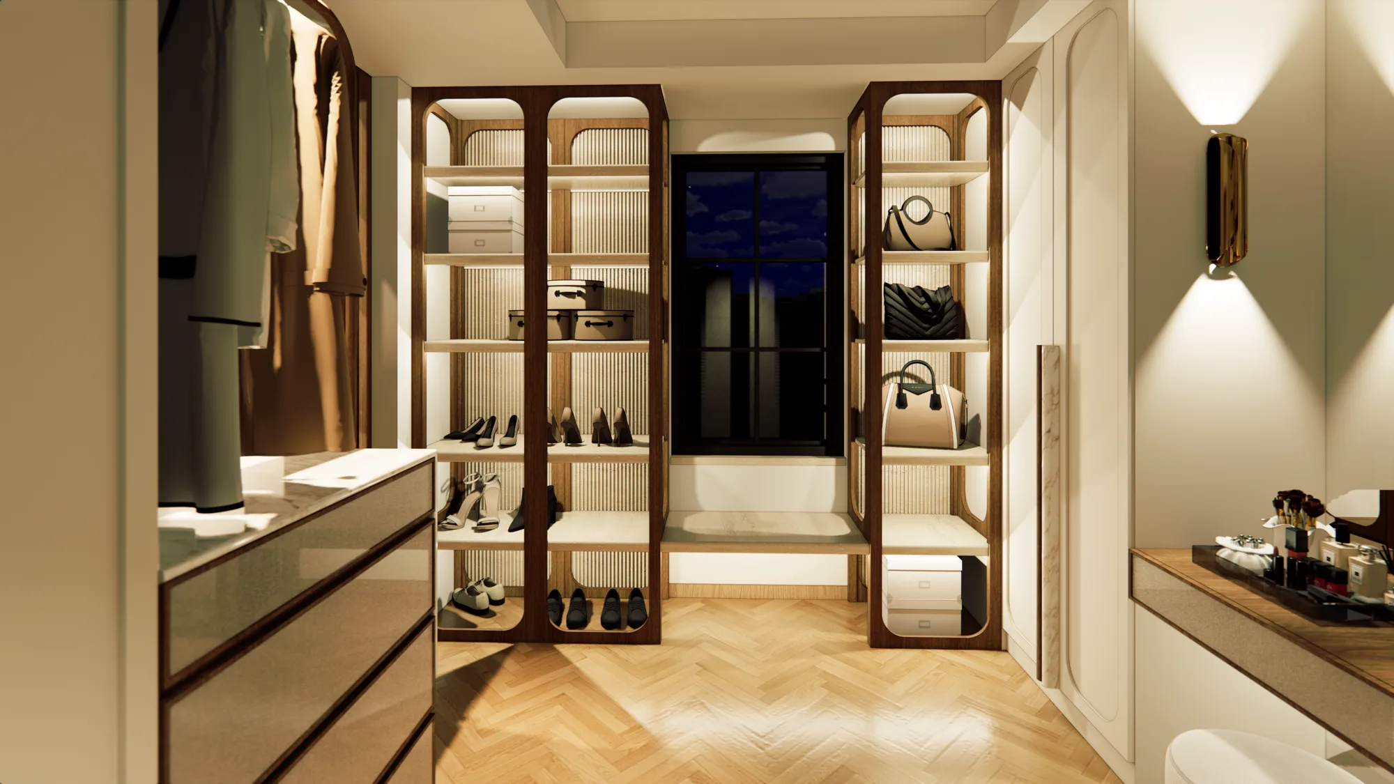 Illuminated dressing room with walnut-framed cabinetry