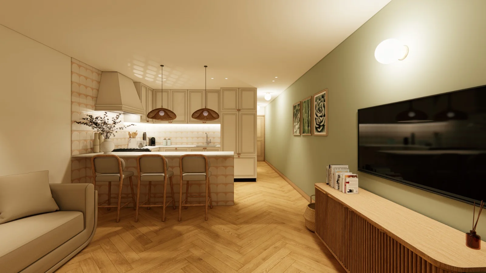 Kitchen and living room in evening light at the Brigantine beachside condo