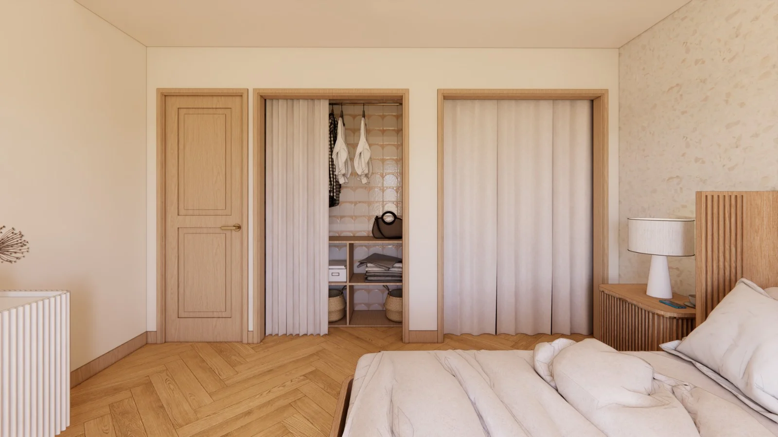 Bedroom with oak closet doors at the Brigantine beachside condo