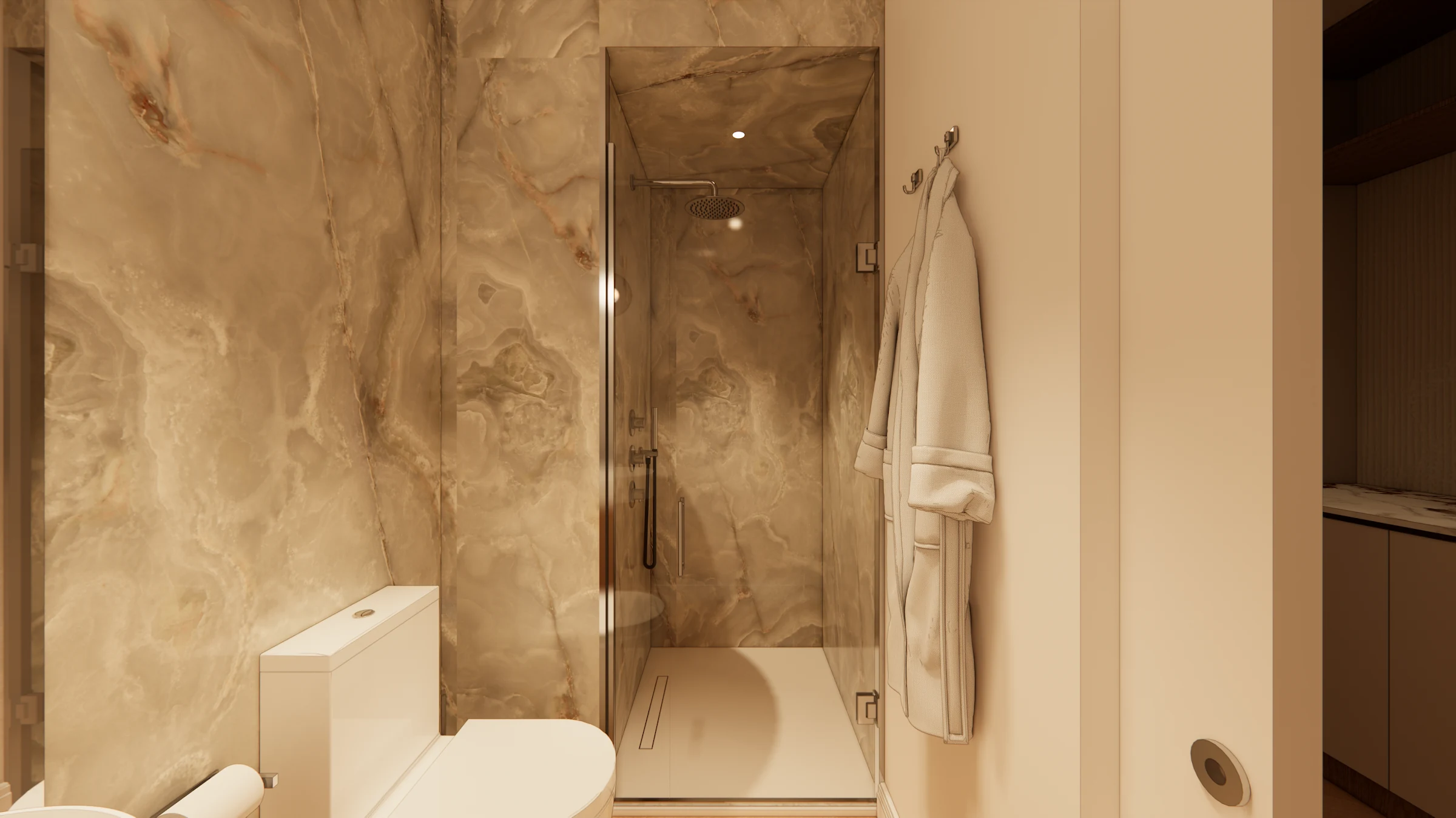 Lower-level stone shower and rounded oak vanity at Casa Rena, 1338 28th Street NW