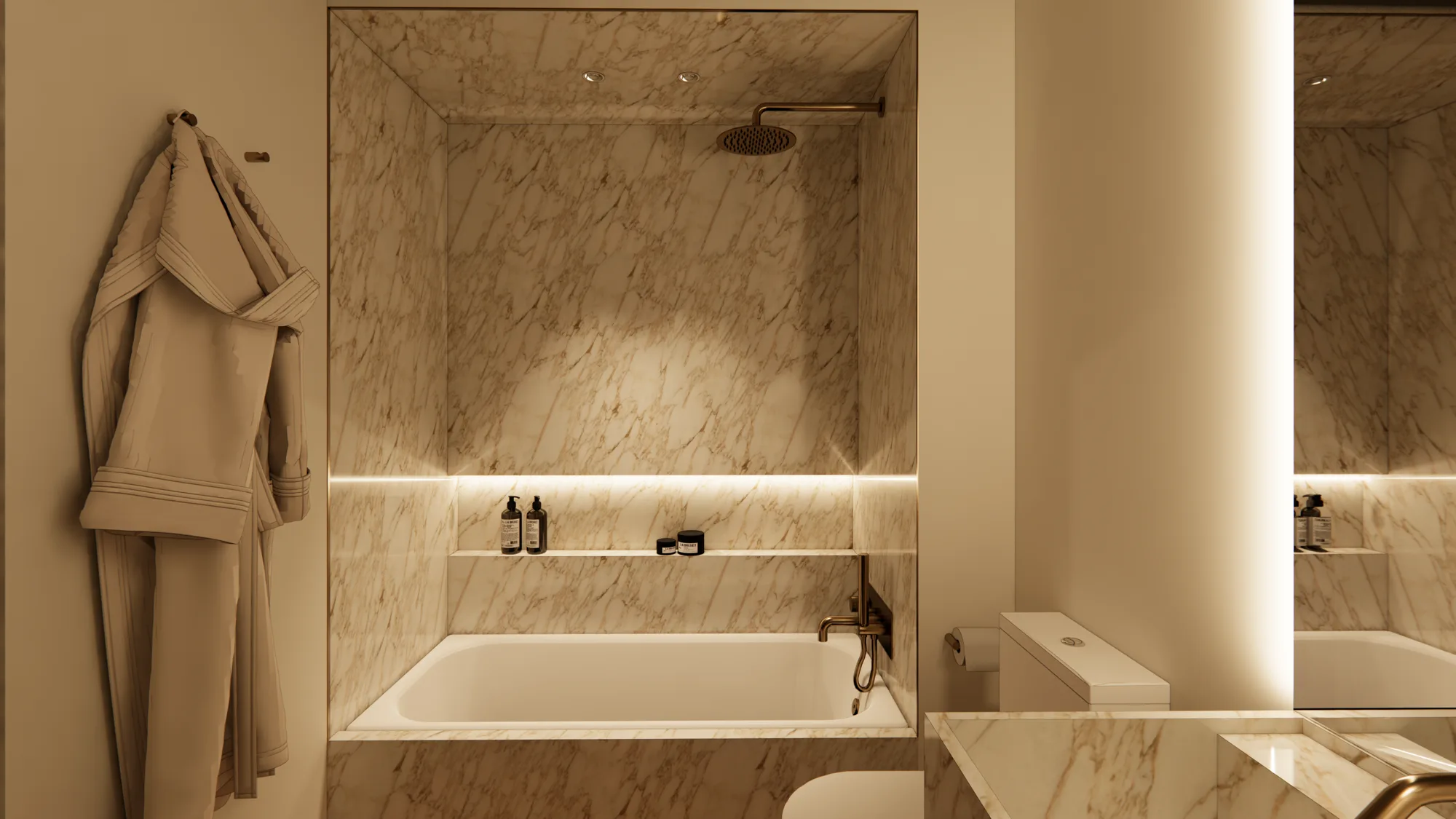 Marble bath with glowing niche and soaking tub