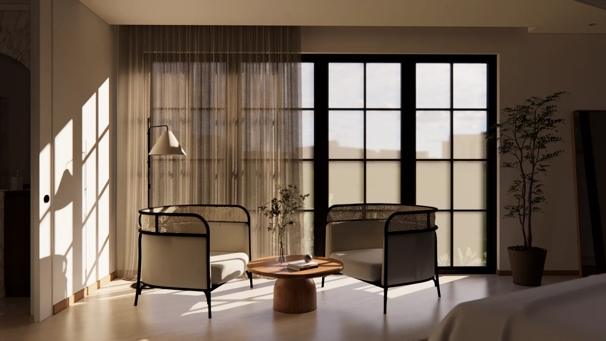 Sunlit sitting room with steel-framed windows